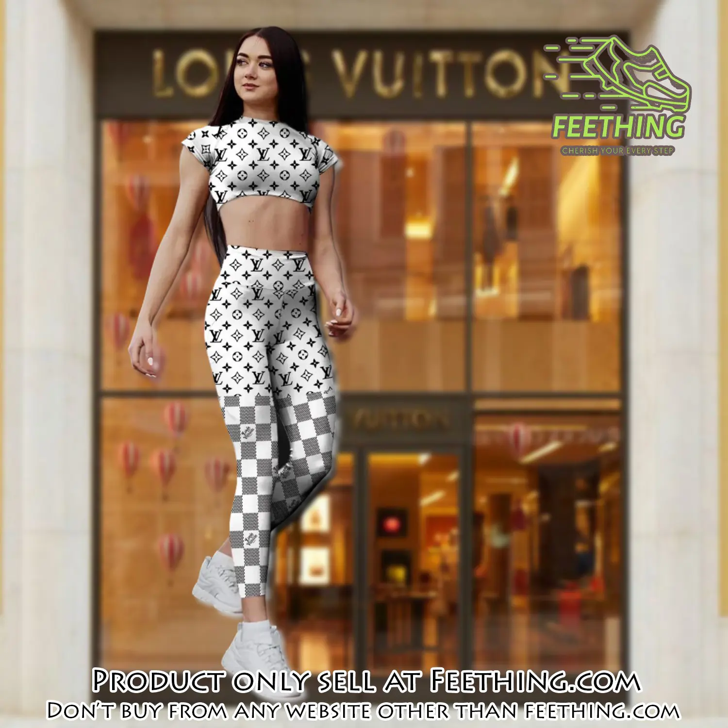White checkerboard louis vuitton sportwear combo luxury brand crop top tshirt and legging for women ctl1013 ft5318792